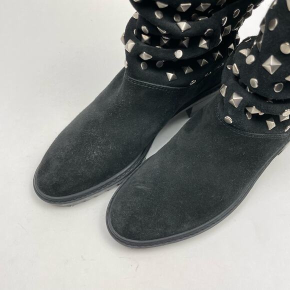 Stuart Weitzman | Arctica 5 Narrow Black Faux Fur Studded Slouchy Pull On Boots - Picture 8 of 12
